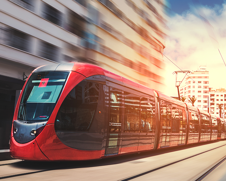 Train travelling through the city